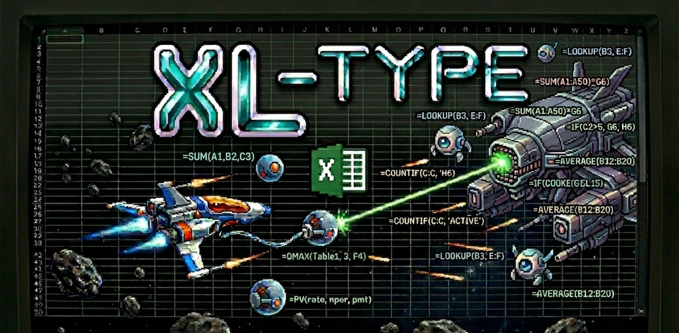 XL-TYPE title card — a spaceship battling robotic enemies and a boss across an Excel spreadsheet grid